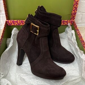 Tory Burch Brown Suede Ankle Boots with Gold Hardware